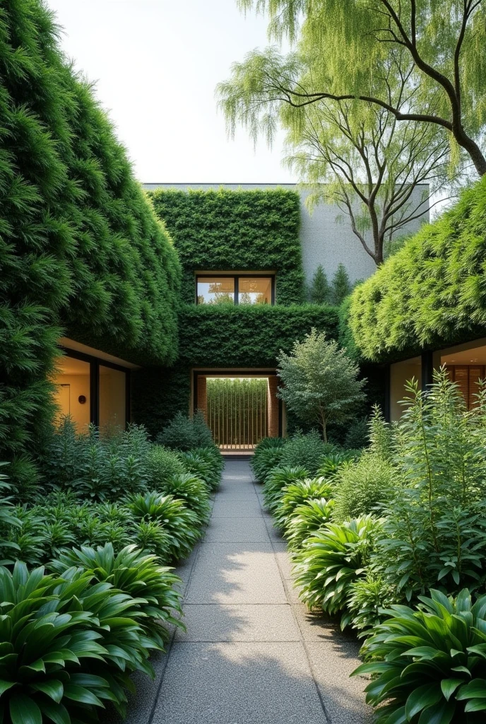 Sound insulation: Use dense, evergreen vegetation to create natural noise barriers, Improving the acoustic environment in areas adjacent to sources of intense noise. type of architectural premises