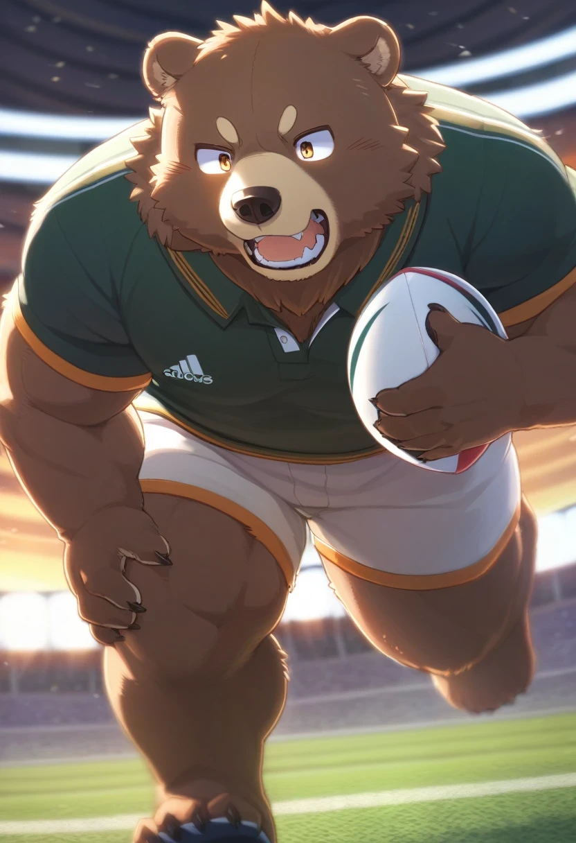 ((Masterpiece)), ((Best Quality)), (Very Detailed), ((Very Detailed)), 4K, (8K), very aesthetic, absurdres highres, 1 man, (anthropomorphic Brown Bear, furry, kemono:1.5), In a stadium bathed in sunset light, a man wearing a rugby shirt and shorts runs as fast as he can with a rugby ball. His eyes are wide and he grits his teeth. His muscles move powerfully, and the audience can be seen in the background. A scene where you can feel the momentum of the sudden rush, muscular, (An expression with eyes wide and teeth clenched:1.5),