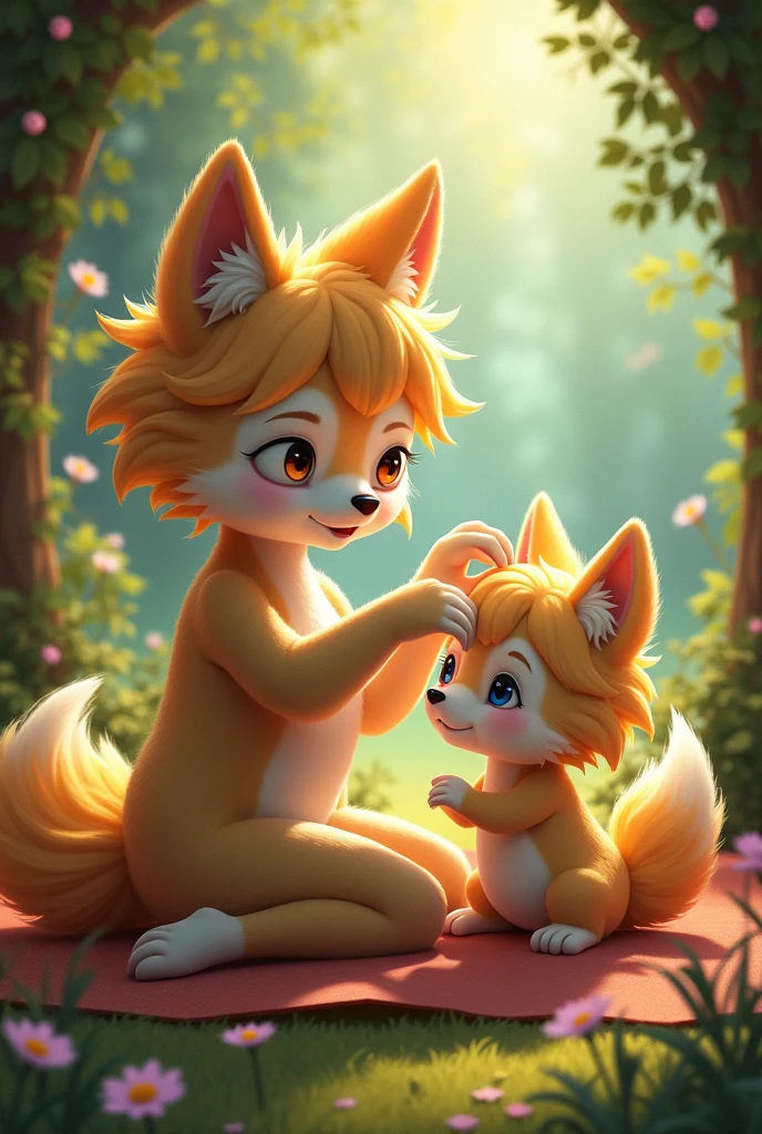 Furry girl with wolf ears and tail combing a girl just like her but smaller version