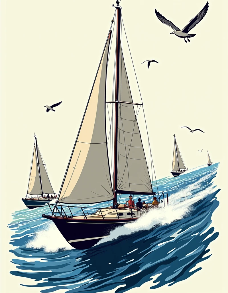Design a dynamic and energetic regatta scene, with a sleek racing sailboat cutting through the waves at high speed. The boat's sails are taut, capturing the wind with precision, and marked with racing numbers or insignia for added authenticity. The water beneath churns with sharp, crisp lines to indicate speed and power, with splashes of ocean spray rising against the hull. In the background, hints of other sailboats competing on the horizon can be seen, their sails angled competitively. Above, a few seagulls soar, adding a sense of motion and adventure. The overall design should convey the intensity and excitement of a regatta, with clean, sharp lines suitable for a bold, one-color screen print.
