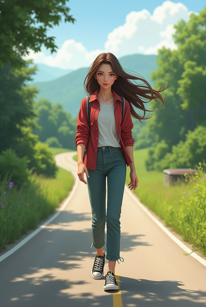 woman on the road, dressed in ALL star sneakers, your hair is brown, HER EYES ARE ALSO BROWN.