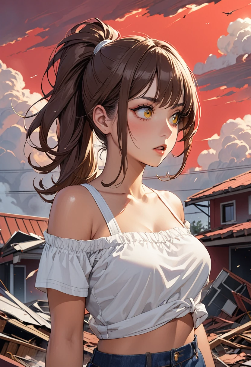 ((best quality)), ((Masterpiece)), (details), Young woman, alone, (Medium bust, brown hair, yellow eyes, ((Ponytail)) , Hip fart, handsome face, (Tanned skin:1.3), Long eyelashes,Thick eyelashes) , look at the sky,Wear casual clothes, Red Sky, Dangerous situation, disaster,