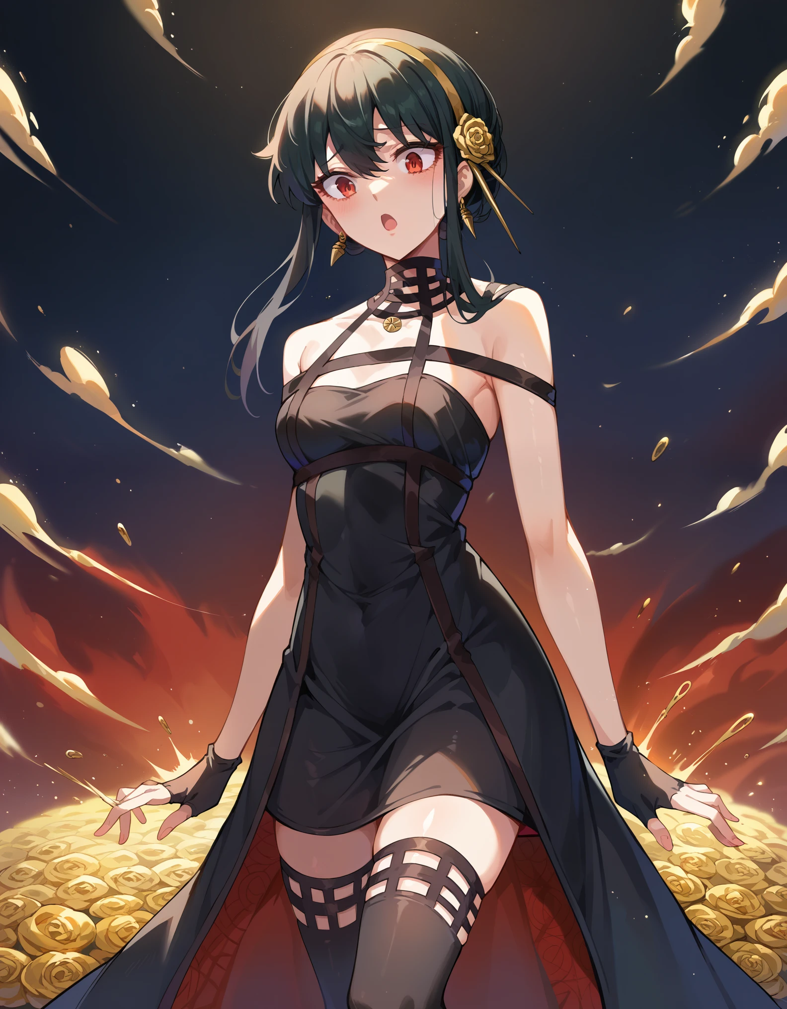 score_9, score_8_up, score_7_up, 1girl, solo, small breasts, Yor_Briar, red_eyes, black hair, long_hair, single_hair_bun, sidelocks, medium_breasts, gold_hairband, hair_flower, earrings, strapless_dress, black_dress, fingerless_gloves, black_thighhighs, bare_shoulders, standing, shocked face, shaking, looking at down, ballroom