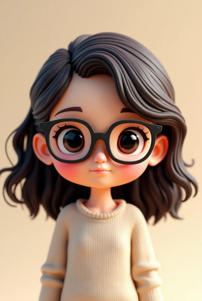 3d chibby brunette girl with wavy dark brown hair, With glasses
