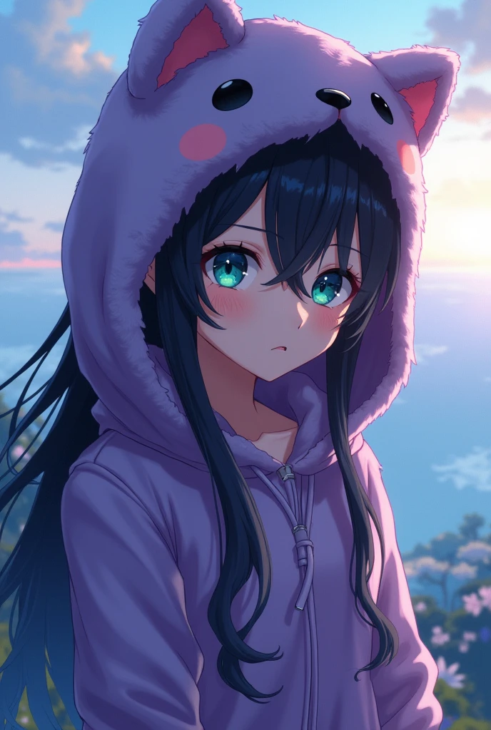 a long black-haired, teal blue-eyed anime boy, wearing a cute purple animal hoodie, cover head, long black hair, front view, knees down, overlook, beautiful, masterpiece, best quality,(((hot))) ((sexy pose))) (seductive))) (shiny)))