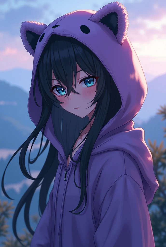 a long black-haired, teal blue-eyed anime boy, wearing a cute purple  animal hoodie, cover head, long black hair, front view, knees down, overlook, beautiful, masterpiece, best quality,(((hot))) ((sexy pose))) (seductive))) (shiny)))