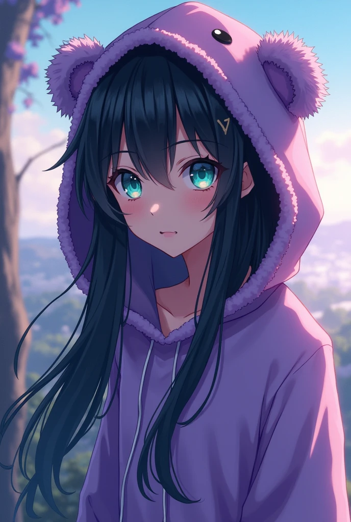 a long black-haired, teal blue-eyed anime boy, wearing a cute purple  animal hoodie, cover head, long black hair, front view, knees down, overlook, beautiful, masterpiece, best quality,(((hot))) ((sexy pose))) (seductive))) (shiny)))