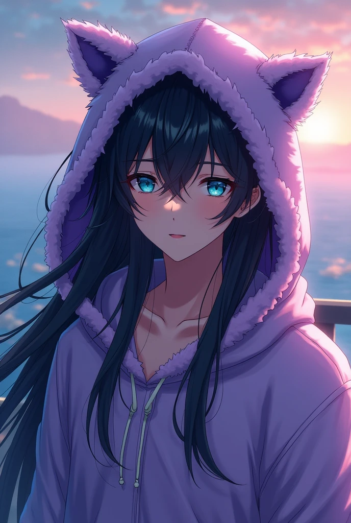 a long black-haired, teal blue-eyed anime boy, wearing a cute purple  animal hoodie, cover head, long black hair, front view, knees down, overlook, beautiful, masterpiece, best quality,(((hot))) ((sexy pose))) (seductive))) (shiny)))