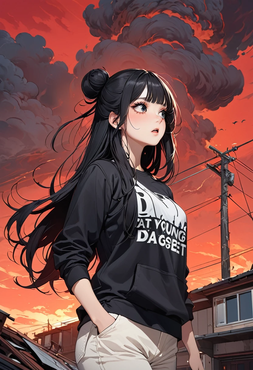 ((best quality)), ((Masterpiece)), (details), Young woman, alone, (Medium bust, black hair, black eyes, ((long hair, buns)) ,(Bangs),Hip fart,Long eyelashes,Thick eyelashes) , look at the sky,Wear casual clothes, Red Sky, Dangerous situation, disaster,