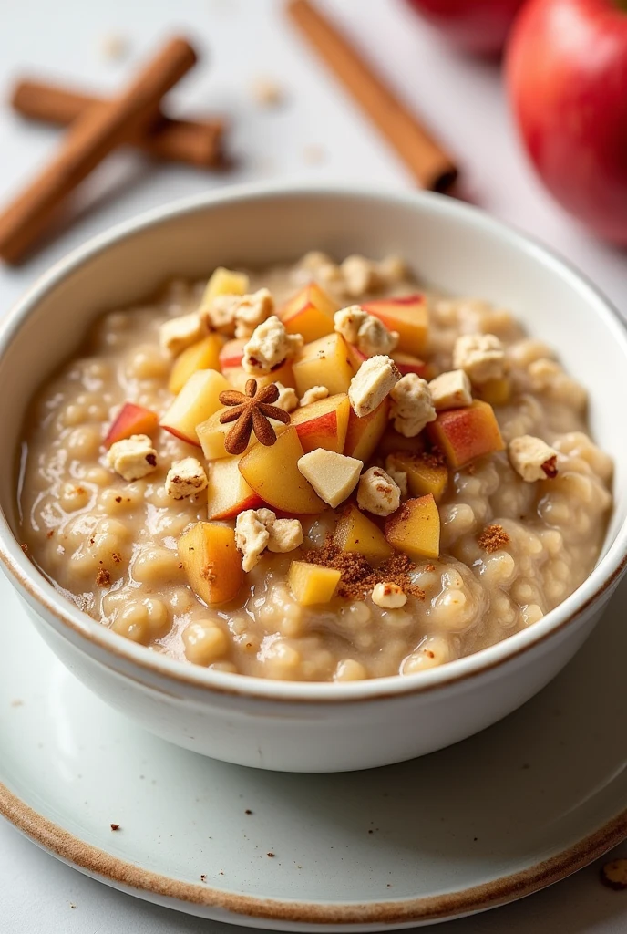Create an image of this recipe: Apple Cinnamon Oatmeal Bowl Ingredients:

- Flaked oats: 60 g - Almond milk: 200 ml - Apple: 1 unit (ca.. 150 g)
- Cinnamon powder: 2 g - Honey: 10 g - Nuts: 20 g Preparation:

1. In a pot, Heat the almond milk and add the rolled oats.

2. Cook over medium heat, stirring occasionally, until the oats are smooth and thick (ca.imadamente 5 minutos).

3. Peel and cut the apple into small cubes.

4. Add the apple, Cinnamon and honey oatmeal, and mix well.

5. Serve the bowl of hot oatmeal, decorated with chopped walnuts on top.
