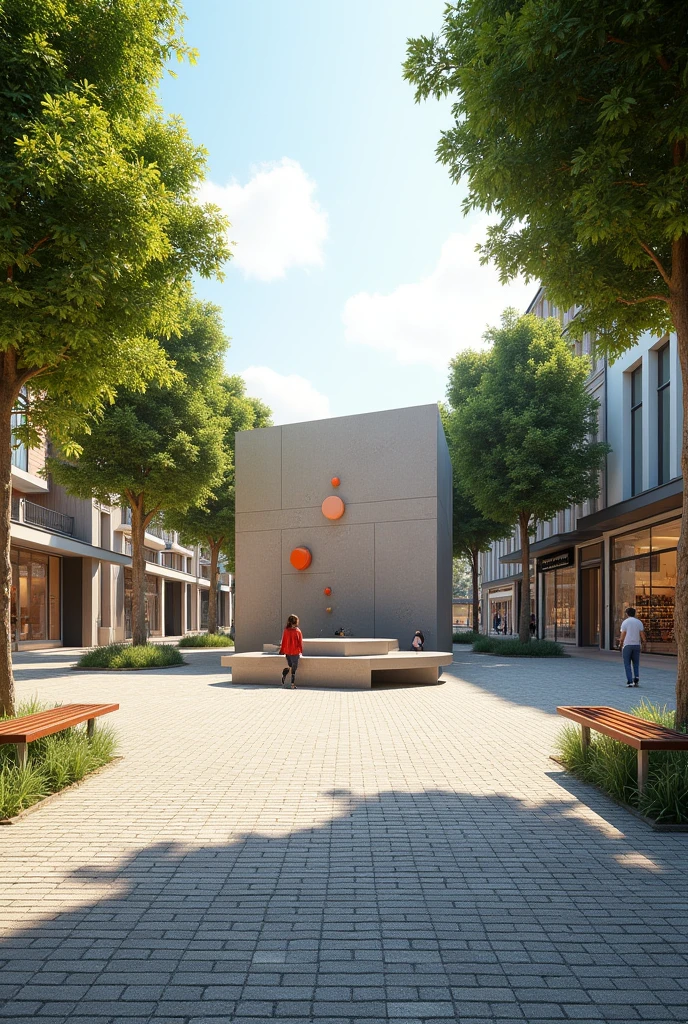 Big block, with peti pave stone floor, with benches to sit on, right side concept store with glass facades, some tall trees providing shade, a pedestrian access to pass between the shops and some German style buildings