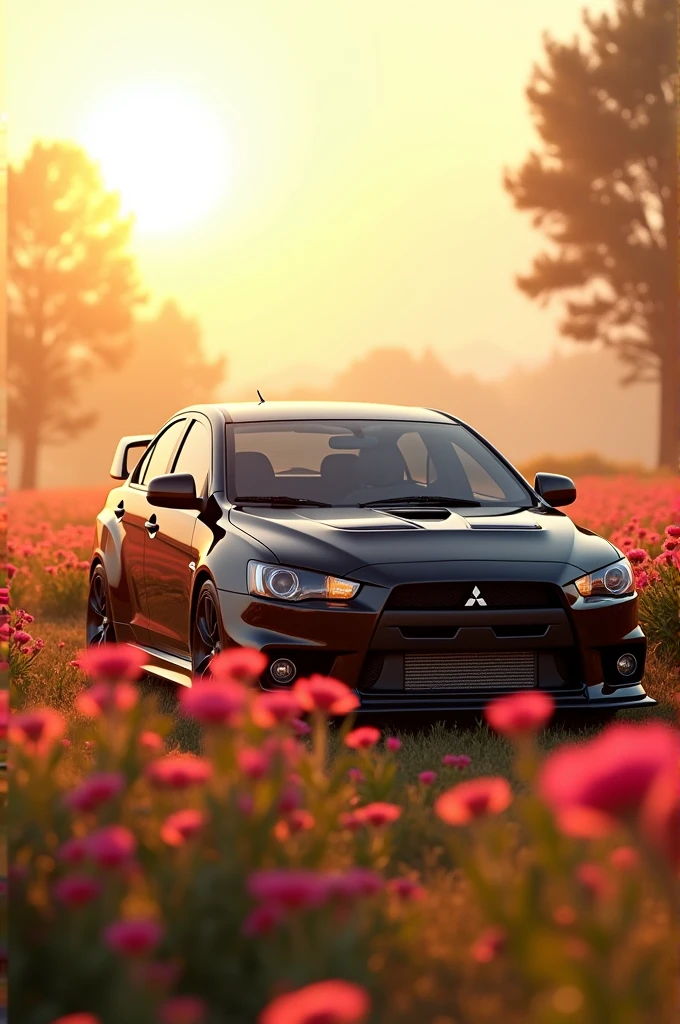 4 k image, paisaje, late afternoon, yellow sun, blur in the background. With a black LANCER EVO, on a flower field. Saturated vivid effect