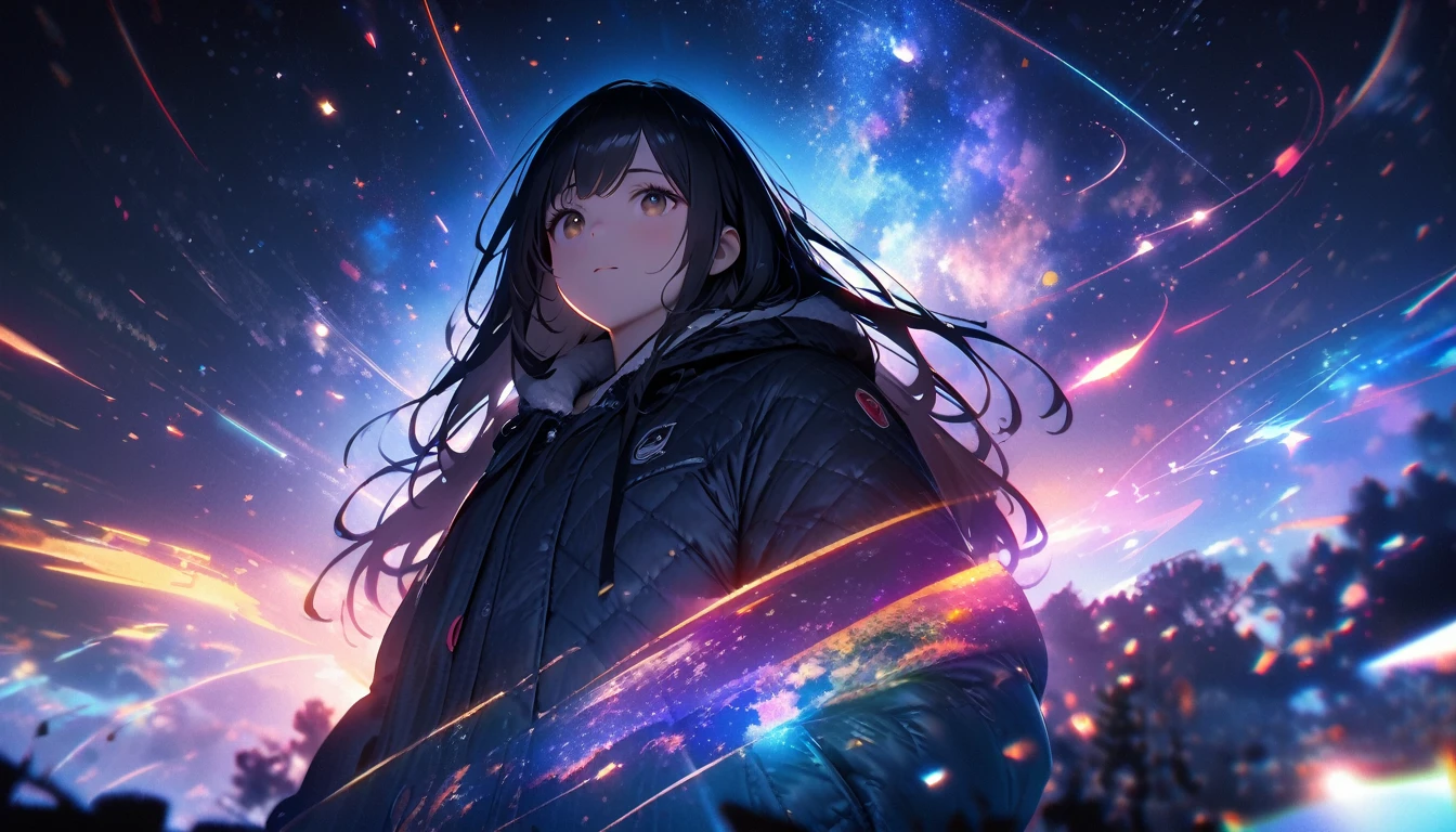 8k,wallpaper of extremely detailed CG unit, masterpiece,hight resolution,top-quality,top-quality real texture skin,hyper realisitic,increase the resolution,RAW photos,best qualtiy,highly detailed,the wallpaper,cinematic lighting,ray trace,golden ratio, BREAK ,many stars twinkling in a beautiful bright winter night sky, long exposure starry sky with many circular orbits, silhouette of a cute young woman with long hair with her hands in her coat pockets looking up at it, photo taken from long distance, photo from below, beautiful kaleidoscope multiple exposures overlapping