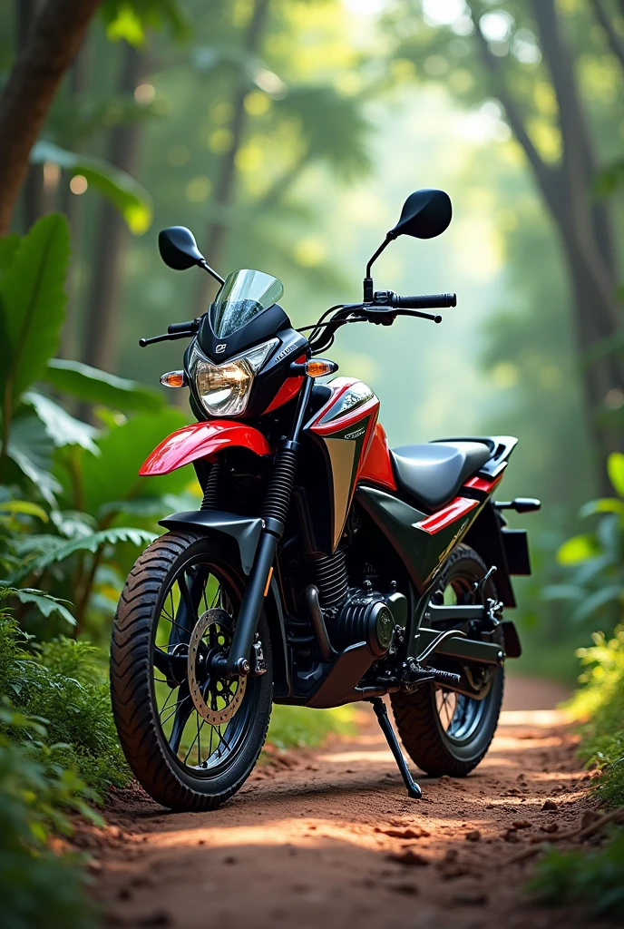 A detailed image of a Honda XRE 300 motorcycle, Brazilian model. The bike is parked on a rugged dirt road surrounded by lush tropical vegetation. The design of the bike is sleek and modern with a sturdy build, featuring the distinctive large headlamp, off-road tires, and a comfortable seat for adventure riding. The lighting is natural, capturing the sunlight filtering through the trees, with shadows adding depth to the scene. The colors of the bike are vibrant, showcasing the signature black, red, and white color scheme. The background is rich with detail, emphasizing the adventurous spirit of the motorcycle. --ar 16:9`
