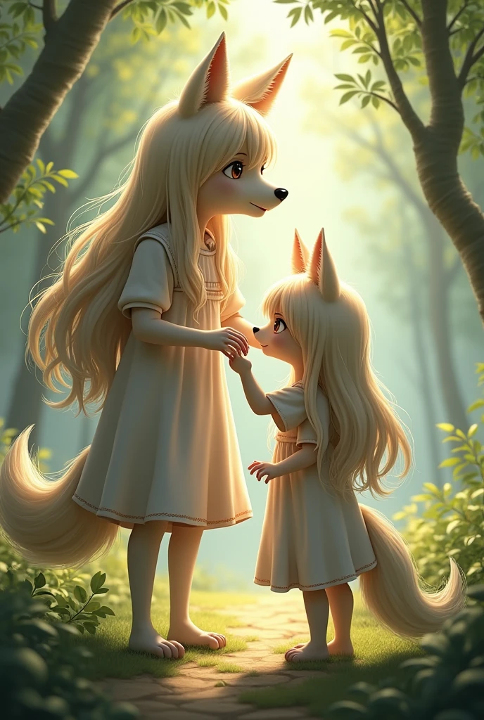 Girl with wolf ears and tail combing a girl who looks just like her but is a smaller version