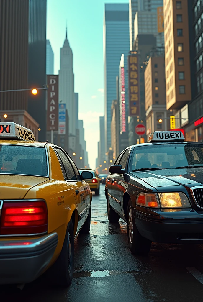 1 taxi and an uber with its logo up in the city fighting for a trip 


 
