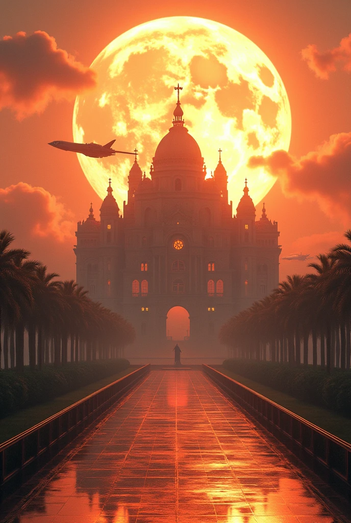Huge Mansion seen from the front, She is a spaceship flying academy, and a shining sun