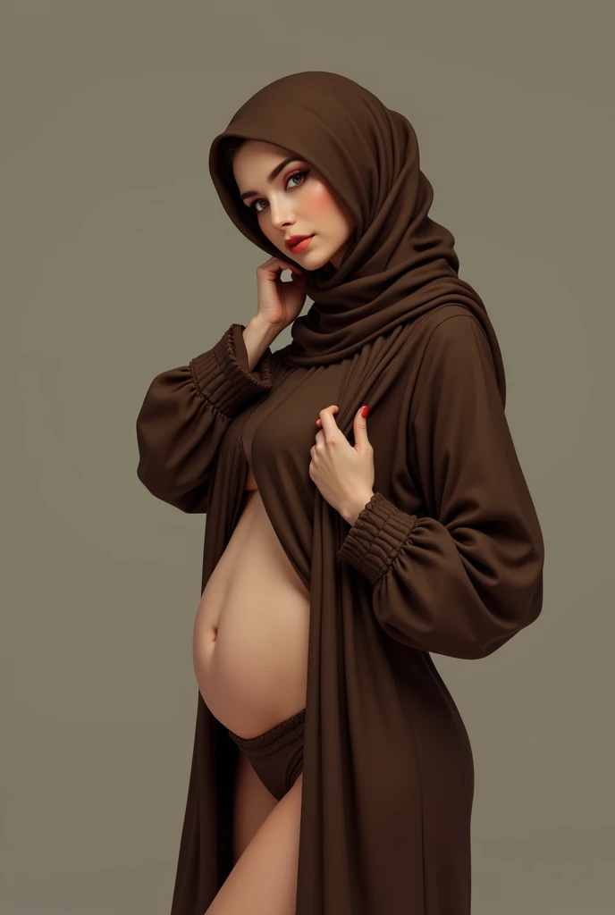 White Arab girl wearing hijab showing her big round butt and slim body wearing brown abaya