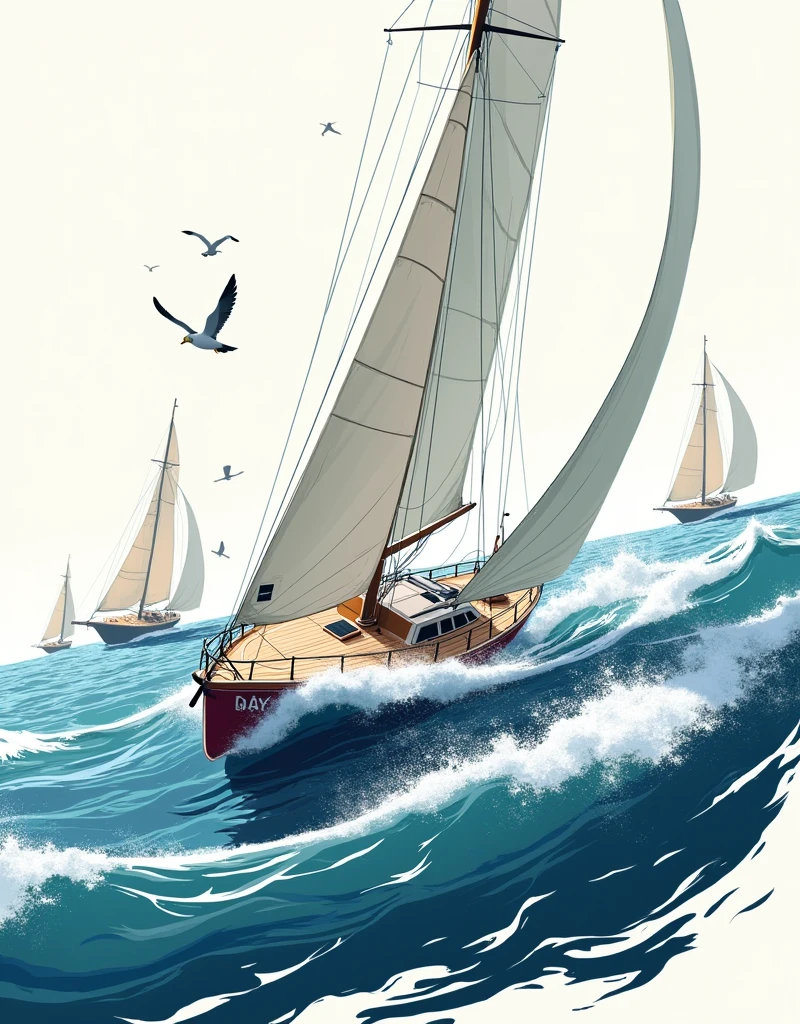 Design a dynamic and energetic regatta scene, with a sleek racing sailboat cutting through the waves at high speed. The boat's sails are taut, capturing the wind with precision, and marked with racing numbers or insignia for added authenticity. The water beneath churns with sharp, crisp lines to indicate speed and power, with splashes of ocean spray rising against the hull. In the background, hints of other sailboats competing on the horizon can be seen, their sails angled competitively. Above, a few seagulls soar, adding a sense of motion and adventure. The overall design should convey the intensity and excitement of a regatta, with clean, sharp lines suitable for a bold, one-color screen print. realistic