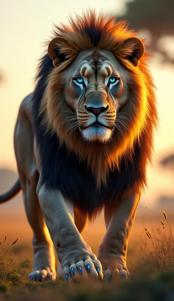 Generate an ultra realistic 8k image of a big strong blue-eyed lion