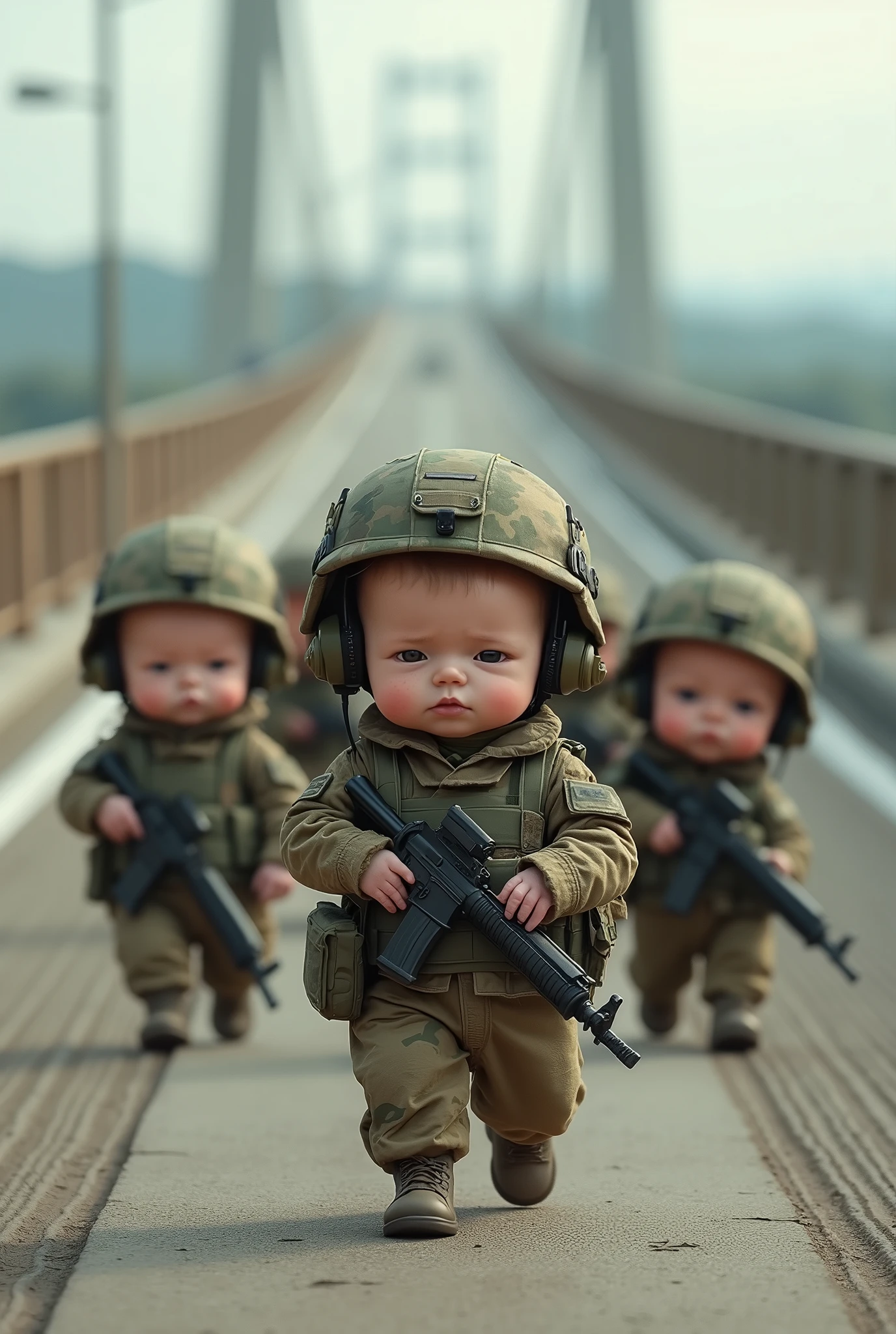 Cute newborn baby with serious face like army soldier with newborn babies wearing army clothes and tactical helmets having military communication devices and carrying light and medium weapons crossing long bridge in real life realistic