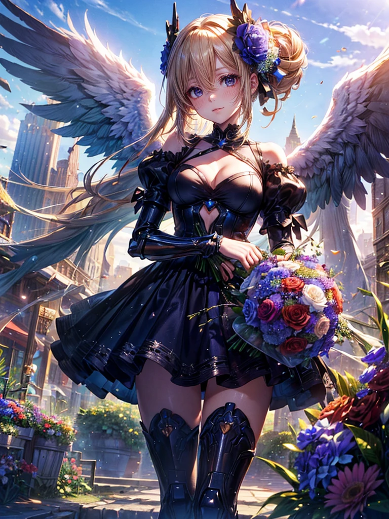 High resolution, Winner of numerous awards, Ultra high definition, Textured skin, Retina,
masterpiece,(bestquality),highlydetailed,ultra-detailed,1girl, ()(robot)(fantasylandscape:1.2,natural lighting:1.5,confidentexpression),(panorama:1.2),mecha, smile,angle、chrome,raw(Blonde beautiful girl:1.5)White Dress👗(美しいbouquet💐を手に持つ、Point it at me:1.6)(Machine Angel)Angel's wing、bouquet💐を持つ(bouquet、Hold the bouquet in both hands and offer it to her:1.7)bouquetをプレゼント(Mechanical Wing Unit、White Dress👗:1.5)