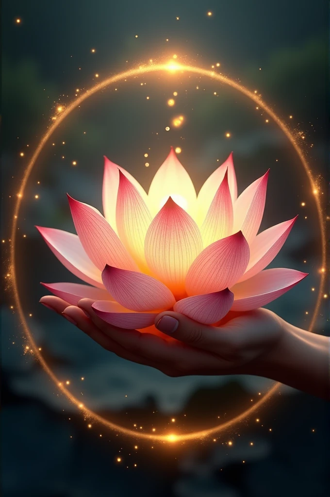 Un logo très détaillé hyper réaliste d'une main tenant une belle fleur de lotus revisité améliorée encore jamais vue, des étincelles et des lueurs doré
Le tout dans un cercle double parois