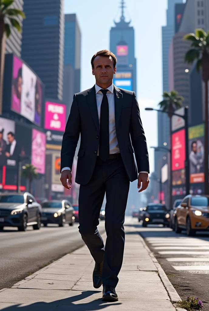 Emmanuel Macron walking down a street in the GTA V video game, with a third from behind, dans le genre jeux vidéos.