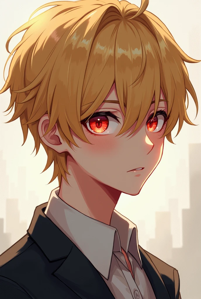 Blonde teenage boy red eyes anime style