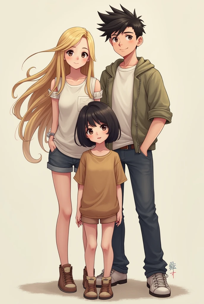You can make a group of 3, two girls and a boy. , One has long blonde hair and is thin , The other girl is shorter than the other girl and has black hair and her hair reaches her chest. , The boy is tall and has black hair with short hair with fade in his cut