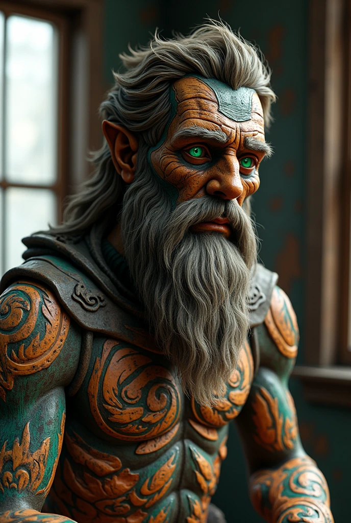 Bearded mountain man Intricate details insanely artwork Wooden painted man, 3D effect ultra-detailed intricate insanely Heart, museum room, green glass eyes, Carved in wood, painted with bright colors., indie film screencap, dramatic angle, , found footage, (steampunk), (cyberpunk aesthetic), (retrofuturism, atompunk), heroic proportions, window behind,