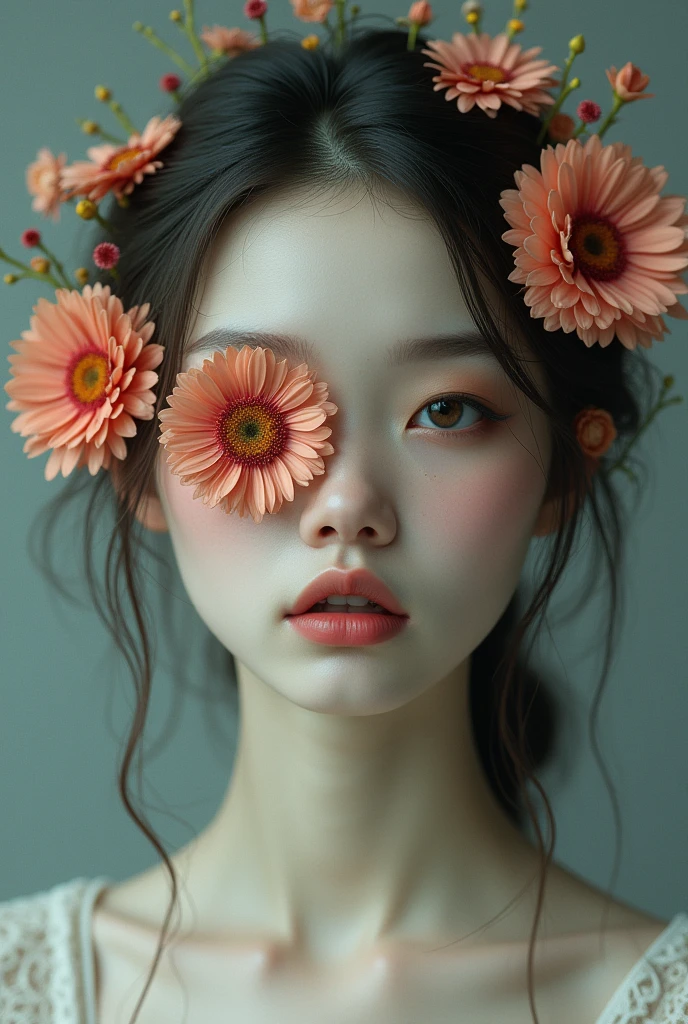 woman with flowers covering her eye