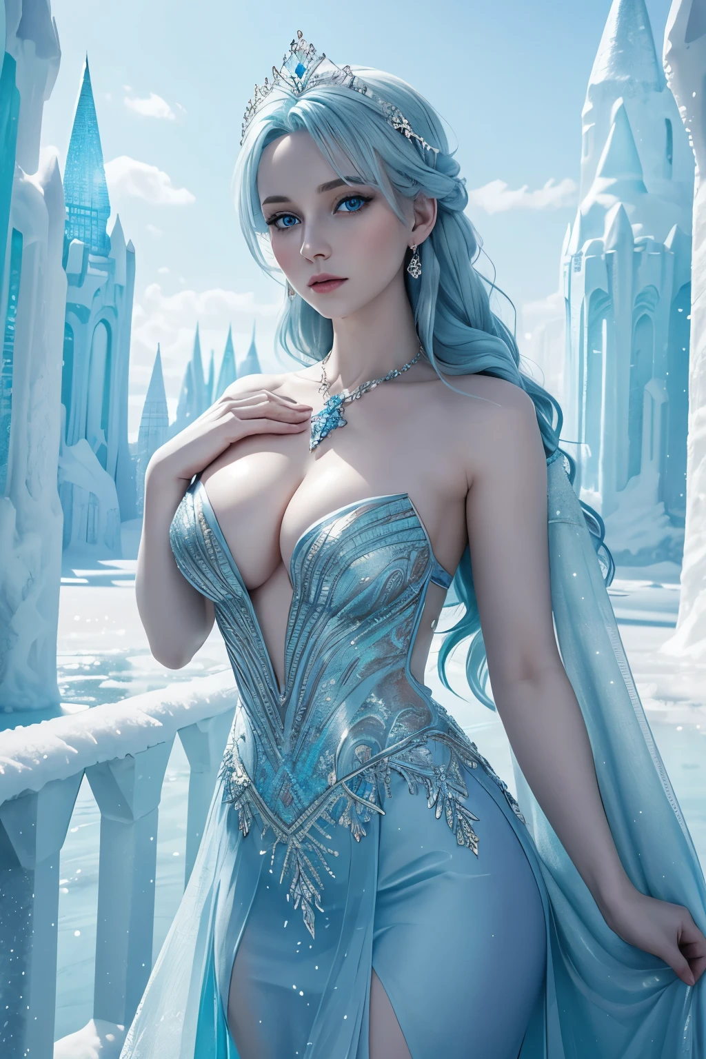 Woman, Blue HAir, Crystal Blue Eyes, Cleavage, Very PAle SKin, Light Blue Strapless Evening Gown, Ice Castle, Frozen Statues