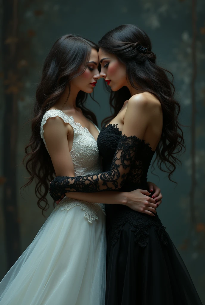 Masterpiece, 
Beautiful bride in white dress seduced by alluring lesbian vampire woman, evil, gothic black lace dress, flattering, cleavage, Long Hair, kiss, glowing red eyes, evil aura, (full body)