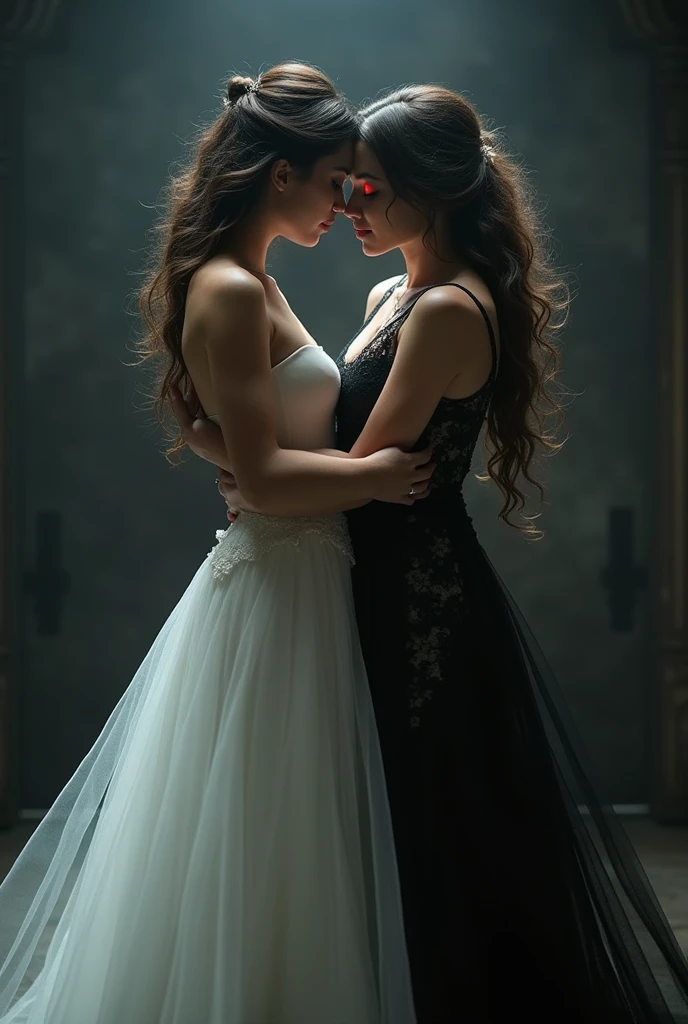 Masterpiece,
Beautiful bride in white dress seduced by alluring lesbian vampire woman, evil, gothic black lace dress, flattering, cleavage, Long Hair, kiss, glowing red eyes, evil aura, (full body)