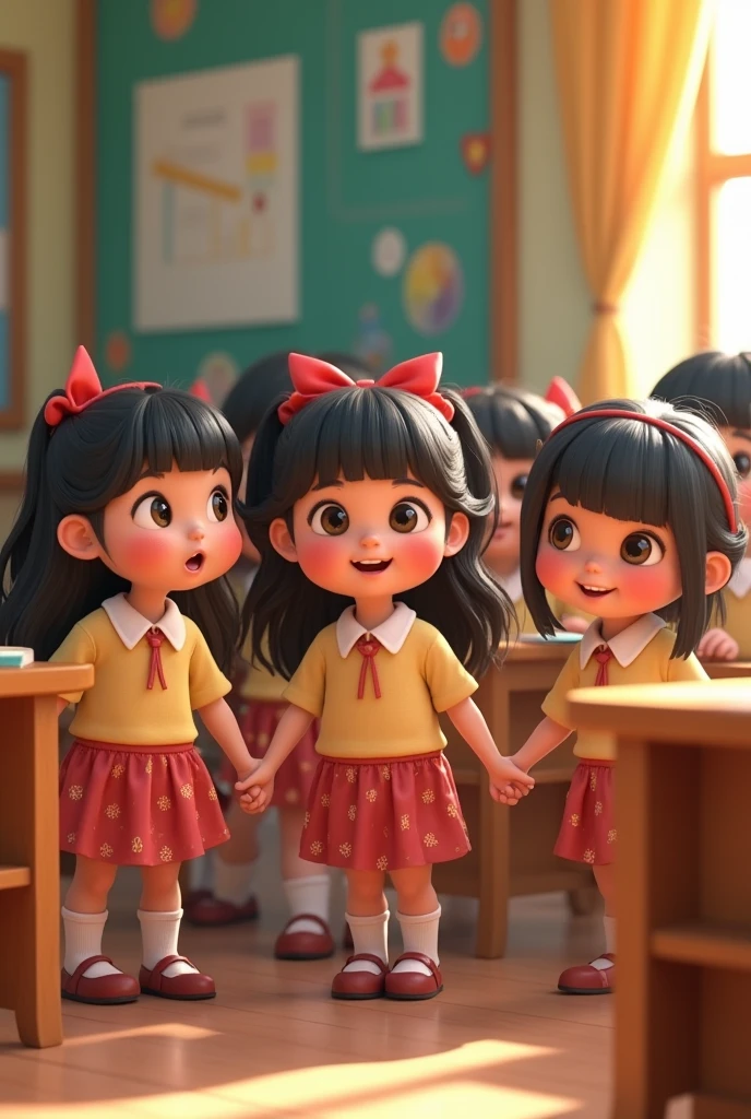 Girls girls in kindergarten with uniform and their hair bows ready to go to school Pixar design