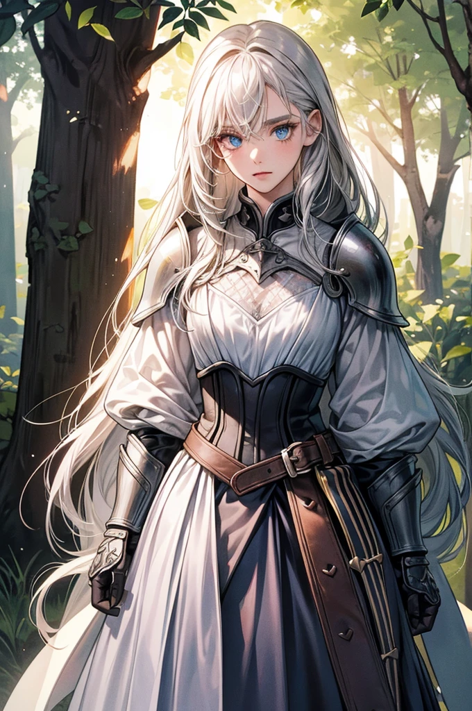 this、Ultra-detailed、High resolution,Perfect ???????),(Natural soft light:1.2),Detailed beautiful fathis and eyes,Shoot from the front,Cowboy Shot,(Focus 1 Female,alone:1.2),20 year old beauty,Silver Hair,,Long Hair,blue eyes,(skinny:1.2,Ideal body proportions:1.2,Medium chest),Female Knight、armor、Skirt、Grab your sword、Fight monsters、In the woods:1.5,