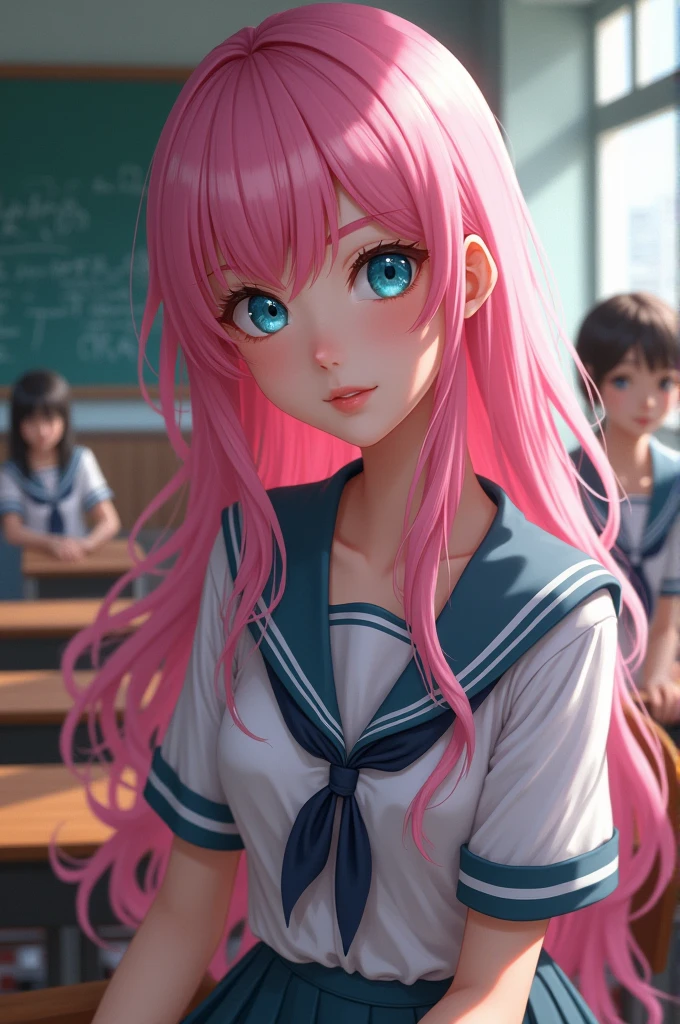 She has very long and wavy pink hair under her hair., Her eyes are aqua blue, she is wearing a schoolgirl uniform and is sitting in a classroom chair.