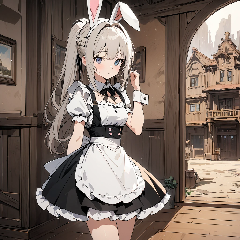 Top quality, masterpiece, high resolution, 8K, illustration of a bunny girl in a maid costume. The character wears a bunny girl outfit that is a variation on the classic maid outfit, with a black and white maid outfit decorated with frills and ribbons, and rabbit ears and a tail. The background depicts a room in a classic Western-style building, giving the scene an overall cute and elegant atmosphere.