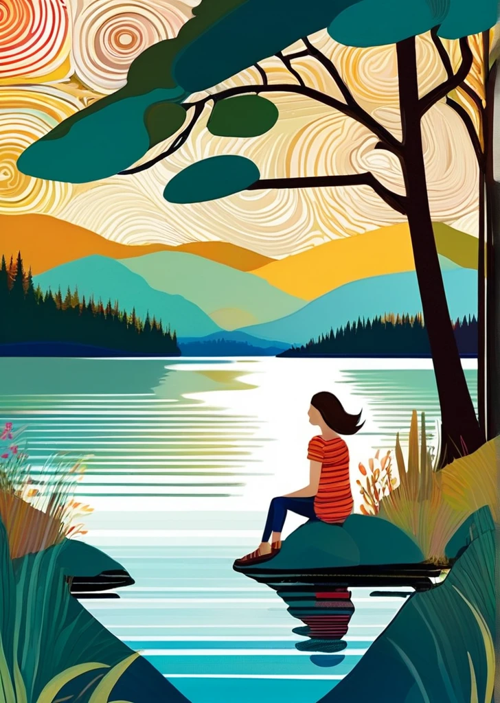 1 girl sitting near the shore,
trees
flat color 
lake
 detailed 
patterned background, 
(art by Jane Newland)