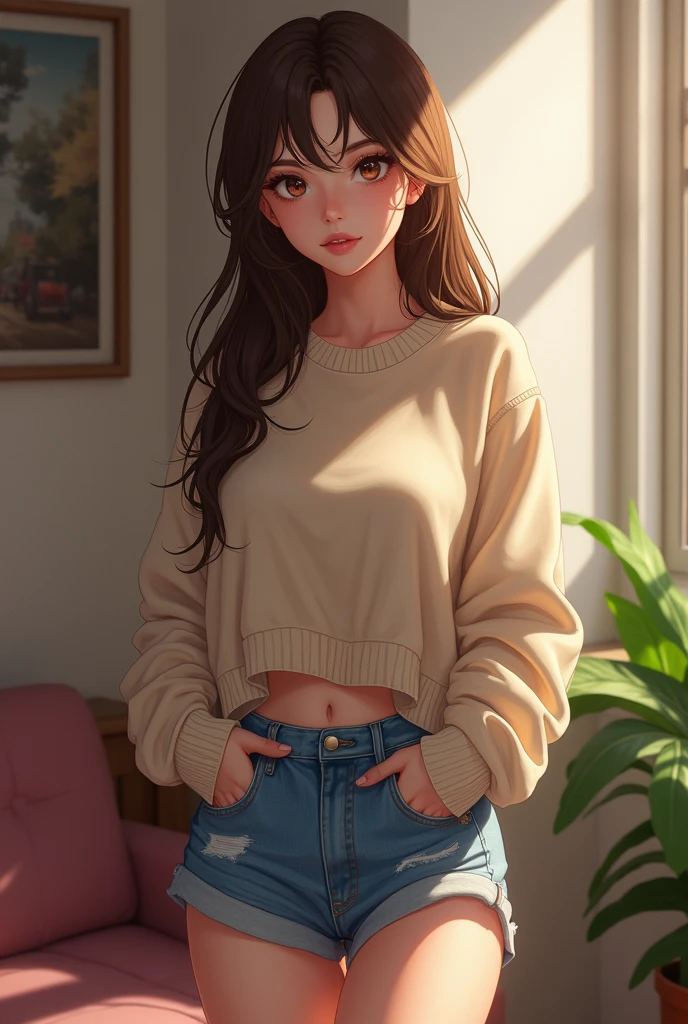 masterpiece, high quality, 8K, tall brown hair, small chest, big hips, wearing a big sweater and a short jeans shorts, in an apartment, beautiful, brown eyes, genshin impact style, revealing, she's twenty five years old