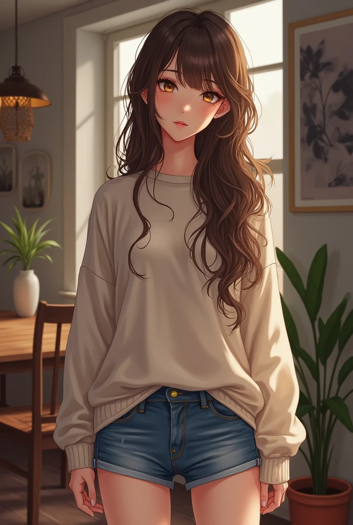 masterpiece, high quality, 8K, tall brown hair, small chest, big hips, wearing a big sweater and a short jeans shorts, in an apartment, beautiful, brown eyes, genshin impact style, revealing, she's twenty five years old