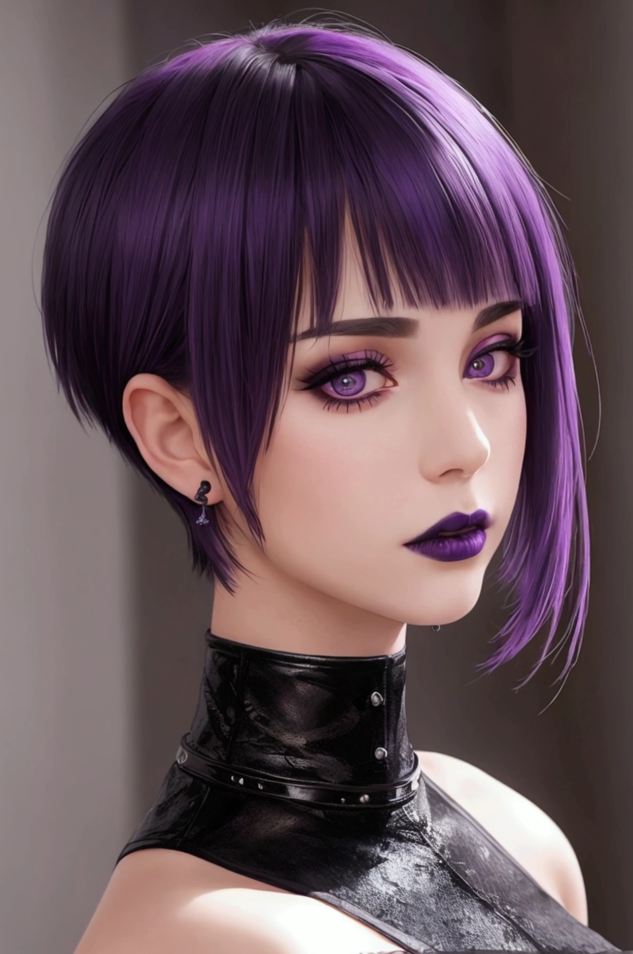 gothic woman, beautiful face, short hair with purple highlights, nose and eyebrow piercing, black stylish clothing, beautiful body 