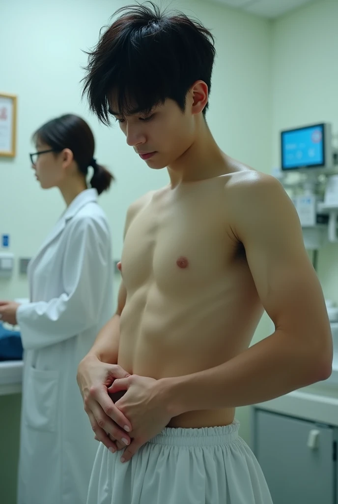 1boy、Handsome Men、Japanese male, 、handsome man、Mash Hair、Completely naked、Full nudity、erection、Huge penis、Highest quality、Realistic、beautiful、Sad look、Hospital examination room、A nurse in a white coat next to me、Cover your penis with both hands