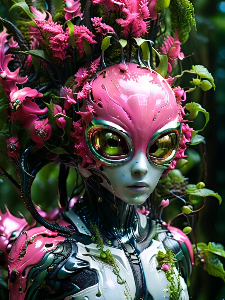 Alien flora, breeding on the trees, on another planet alien, Futuristic, foam, tactical, sleek, highly detailed forest, sunny day in forest, Miki Asai Macro photography, close-up, hyper detailed, trending on artstation, sharp focus, studio photo, highly detailed, macro photo, by greg rutkowski, intricate details, Hot Pink extremely detailed Eyes,realistic, 8k, sharp details, masterpiece, artstation, Panoramic, iridescence, hdr, sun light, metallic, Ultra HDR,Realistic, Cinematic Portrait, Cinematic photography, Masterpiece 