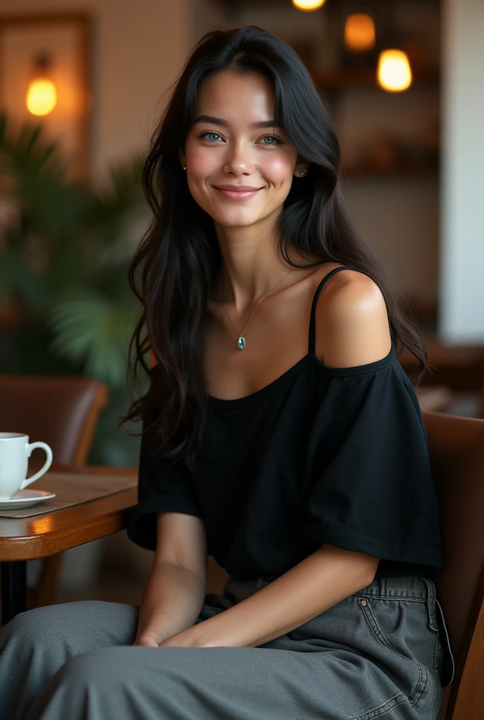 (photorealism:1.2), beautiful woman, 2, sitting on chair in coffee shop, wearing all black clothes (loose fit top and wide cargo pants), long wavy dark hair, soft lighting, cozy room, relaxed pose, intricate details, warm colors, blue eyes, 30b breasts, smile on her face, gaccessories(necklace, ear_rings), photorealistic, ultra-detailed, high resolution, best quality, 4K, HDR, RAW photo