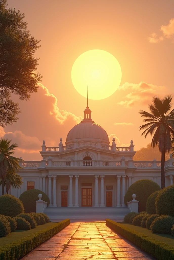 Huge Mansion seen from the front, She is a spaceship flying academy, and a shining sun and pleasant weather