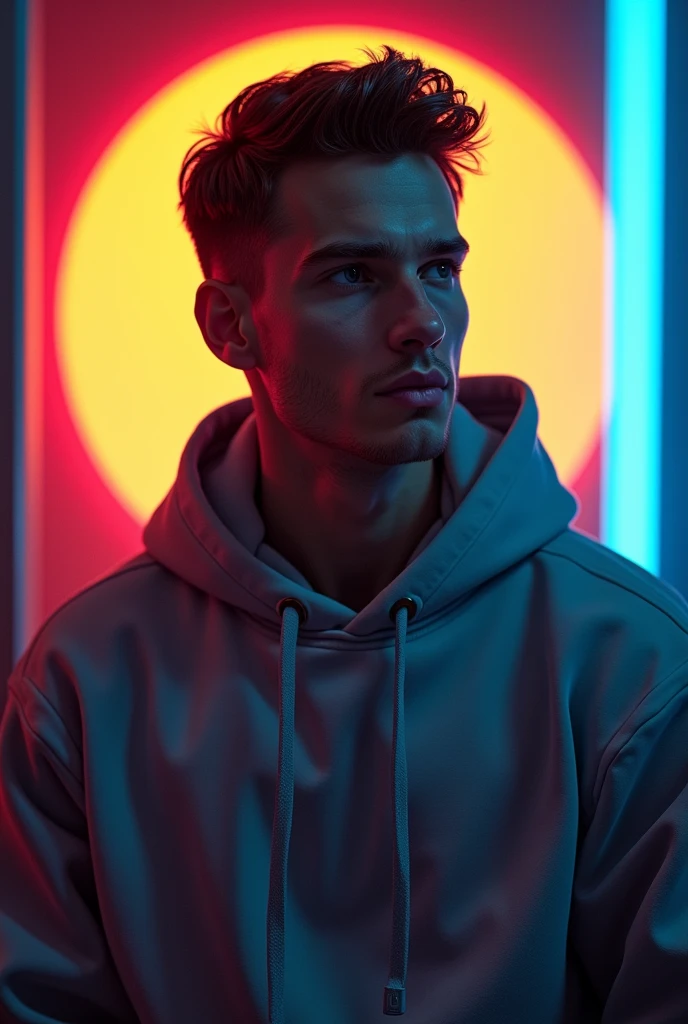 A young man with a clean-shaven face, styled hair, and a focused expression, wearing a casual hoodie. The character is set against a background with striking colors, creating a contrast that makes him stand out, with a slight glow around his silhouette."