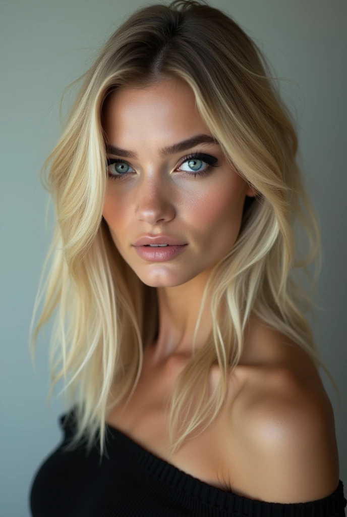 Blond women ultra réalist with black hair and blue eyes