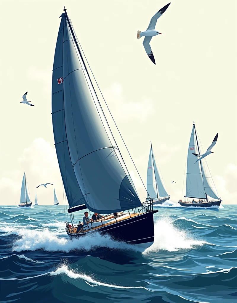 Design a dynamic and energetic regatta scene, with a sleek racing sailboat cutting through the waves at high speed. The boat's sails are taut, capturing the wind with precision, and marked with racing numbers or insignia for added authenticity. The water beneath churns with sharp, crisp lines to indicate speed and power, with splashes of ocean spray rising against the hull. In the background, hints of other sailboats competing on the horizon can be seen, their sails angled competitively. Above, a few seagulls soar, adding a sense of motion and adventure. The overall design should convey the intensity and excitement of a regatta, with clean, sharp lines suitable for a bold, one-color screen print. realistic